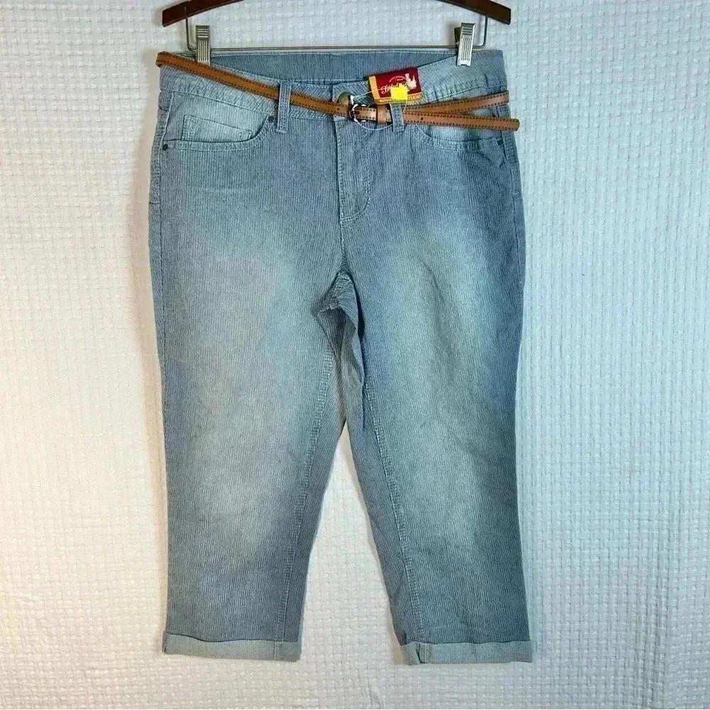 Faded Glory Size 8 Belted Denim Capri Jeans Railroad Striped Pockets NEW